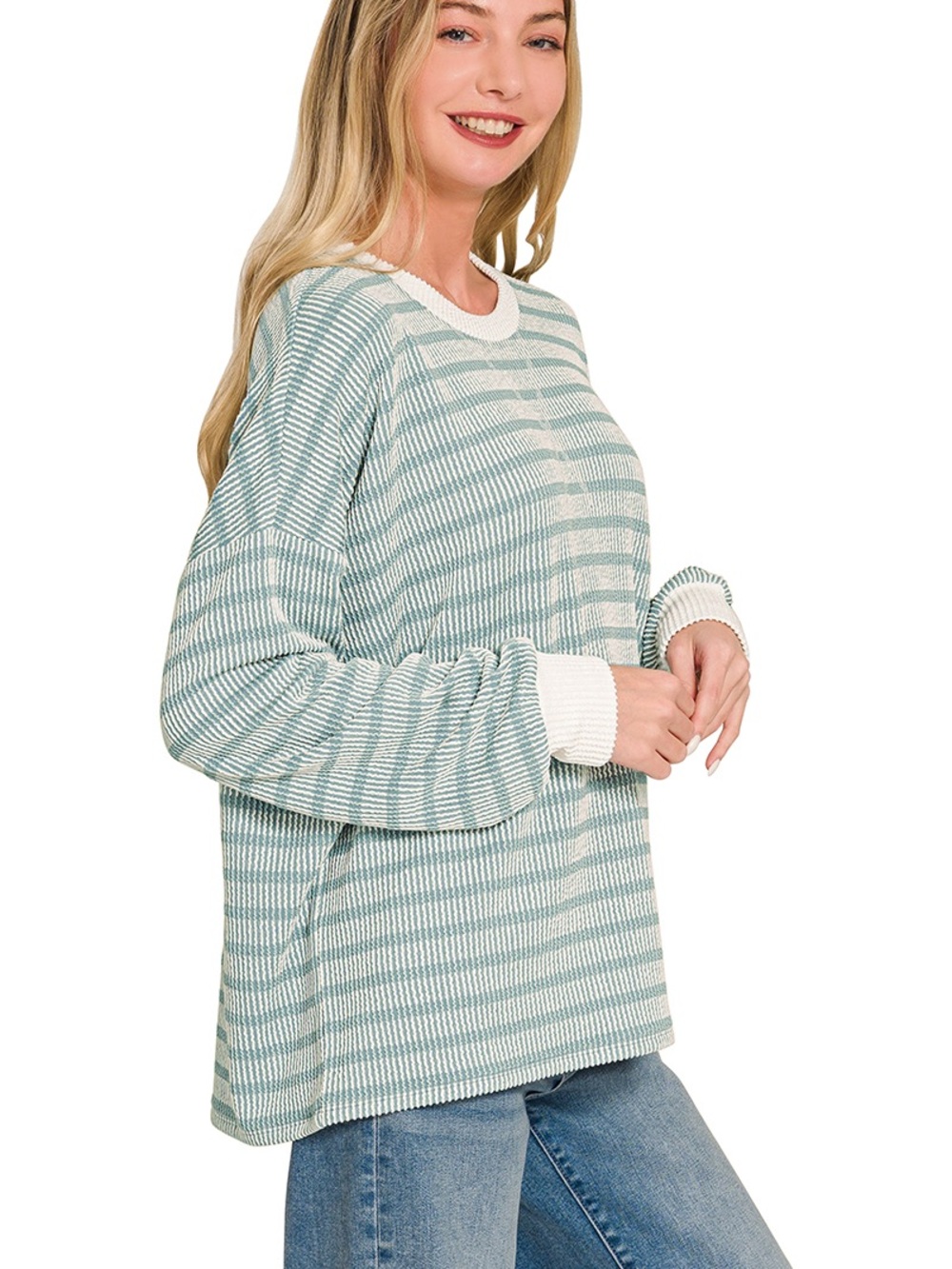ZENANA ASH JADE RAISED RIB STRIPED PULLOVER & PANTS SET NWT - Picture 3 of 3